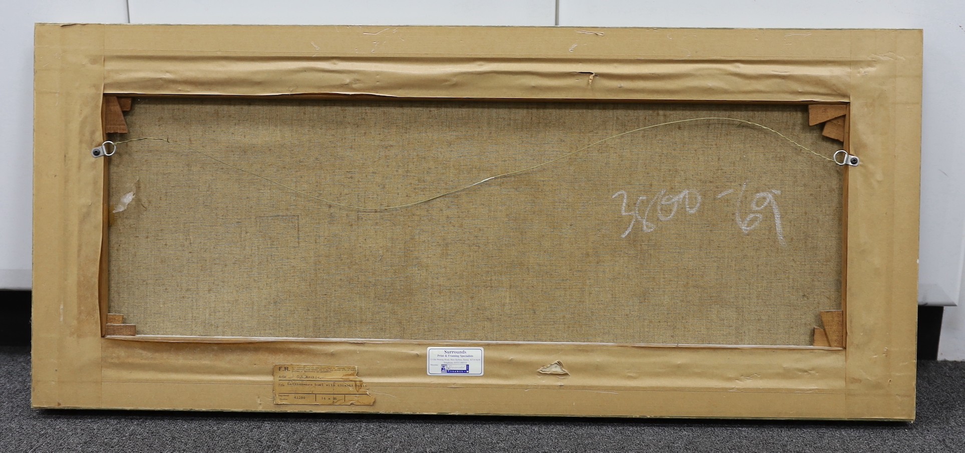 G.L. Reekie, oil on canvas, Earthenware bowl with Chianti bottle, signed and dated 1967, Stacy Marks label verso, 35 x 90cm